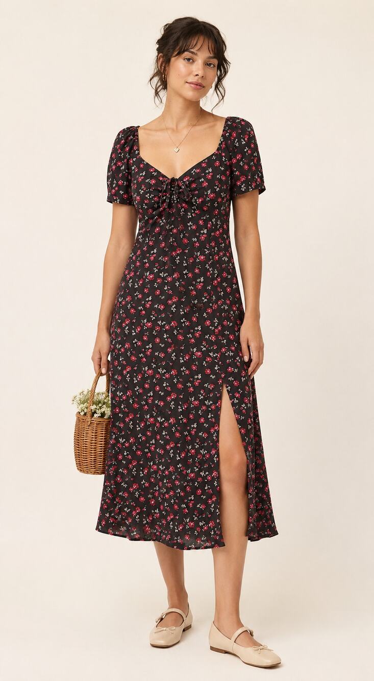 Gap Floral Rose Short Puff Sleeve Midi Dress Black Womens Size XXL New Cottage